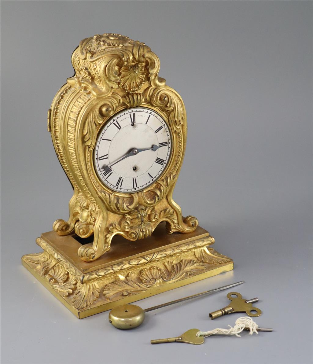 Vuilliamy, London. A 19th century French ormolu mantel timepiece, height 11in.